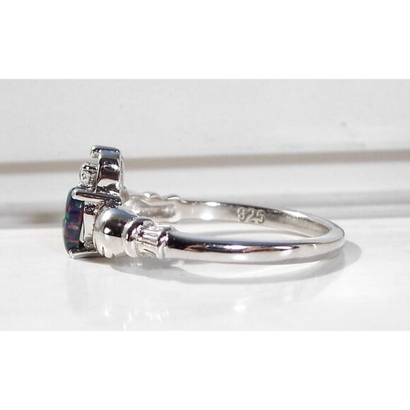 925 STERLING SILVER Dainty Lab Created Black Opal CZ Celtic Claddagh Ring - Picture 9 of 16